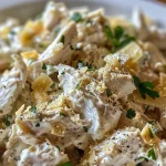 ['Close-up of a bowl filled with Canned Chicken Salad showcasing its creamy texture and ingredients.', 'Side view of a delicious Canned Chicken Salad in a bowl, highlighting the mixture of chicken and mayonnaise.', 'Juicy Canned Chicken Salad displayed in a bowl, featuring grated Parmesan on top.', 'Detailed view of Canned Chicken Salad ingredients visible in a serving bowl, ready to enjoy.']