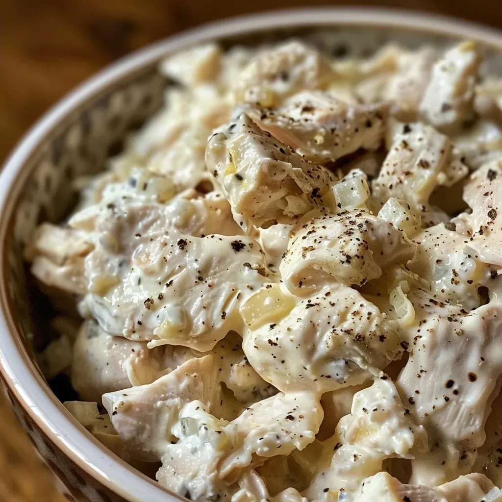 ['Close-up of a bowl filled with Canned Chicken Salad showcasing its creamy texture and ingredients.', 'Side view of a delicious Canned Chicken Salad in a bowl, highlighting the mixture of chicken and mayonnaise.', 'Juicy Canned Chicken Salad displayed in a bowl, featuring grated Parmesan on top.', 'Detailed view of Canned Chicken Salad ingredients visible in a serving bowl, ready to enjoy.']