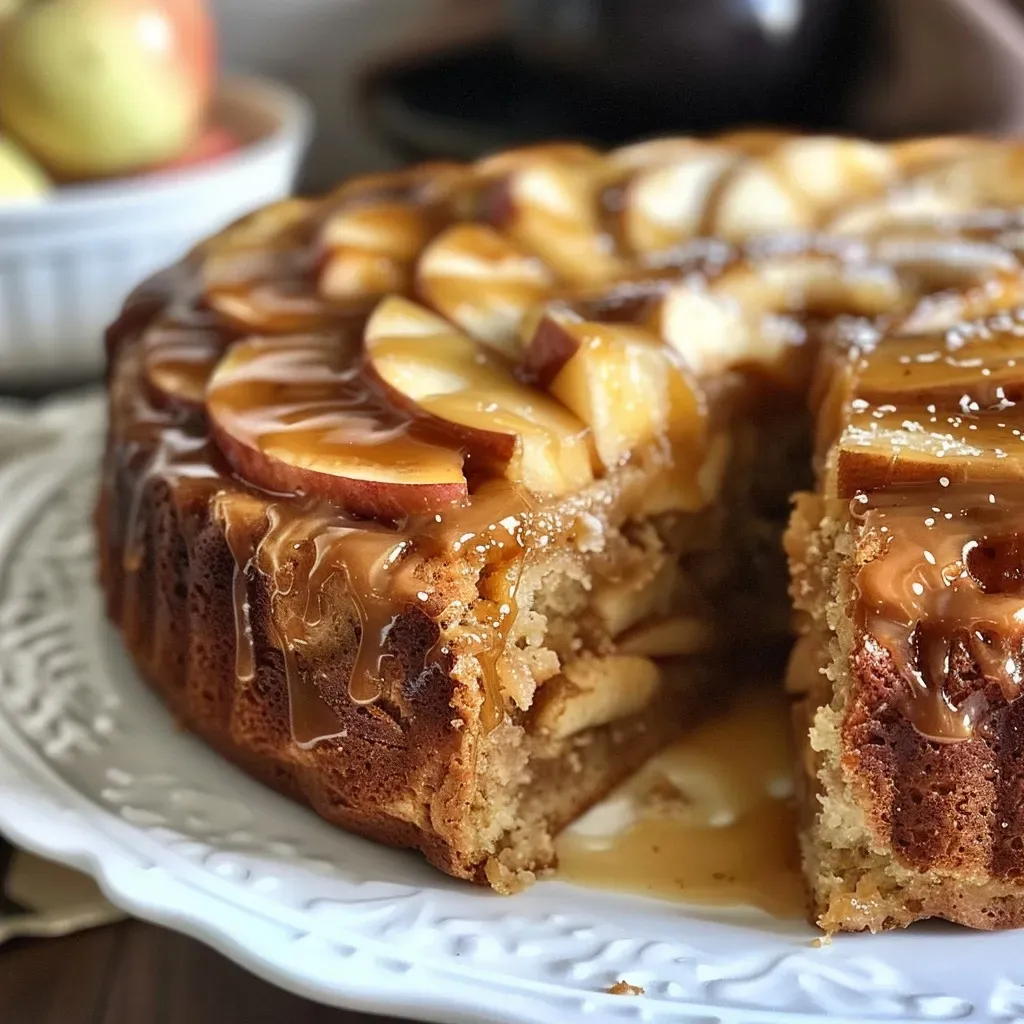 ['Close-up view of a moist caramel apple cake topped with brown buttercream frosting.', 'Side view of a delicious caramel apple cake, highlighting its layers and frosting.', 'Juicy caramel apple cake with a smooth brown buttercream finish, captured in detail.', 'A rich caramel apple cake showcasing a creamy, brown butter frosting from the side.']