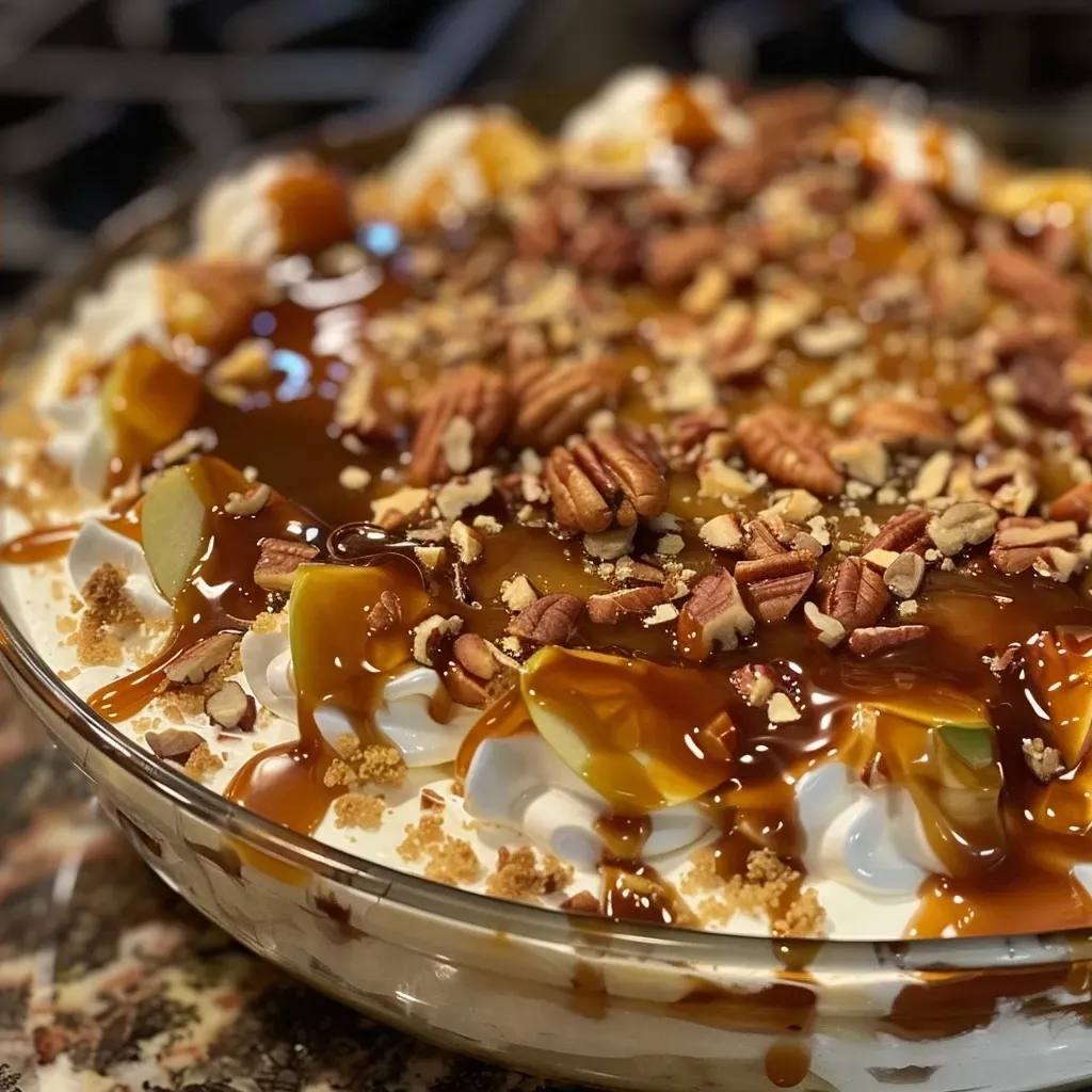 ['Close-up of creamy caramel apple cheesecake dip with a drizzle of caramel on top and chopped pecans.', 'Side view of a bowl filled with warm caramel apple cheesecake dip, surrounded by sliced apples for dipping.', 'Delicious caramel apple cheesecake dip displayed in a rustic bowl, accented with toasted pecans and caramel sauce.', 'Luscious caramel apple cheesecake dip in a white dish, with apple slices and a caramel drizzle.']