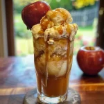 ['Close-up side view of a Caramel Apple Cider Float with ice cream and caramel drizzle.', 'Juicy Caramel Apple Cider Float featuring scoops of vanilla ice cream and a caramel topping.', 'Side view of a refreshing Caramel Apple Cider Float served in a glass with ice cream.', 'Delicious Caramel Apple Cider Float with apple cider and ginger ale, topped with caramel.']