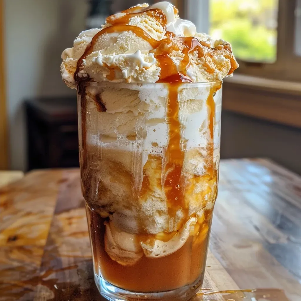 ['Close-up side view of a Caramel Apple Cider Float with ice cream and caramel drizzle.', 'Juicy Caramel Apple Cider Float featuring scoops of vanilla ice cream and a caramel topping.', 'Side view of a refreshing Caramel Apple Cider Float served in a glass with ice cream.', 'Delicious Caramel Apple Cider Float with apple cider and ginger ale, topped with caramel.']