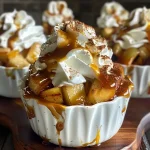 ['Close-up view of caramel apple dessert cups filled with whipped cream and chopped apples.', 'Side view of delicious caramel apple dessert cups topped with caramel sauce and cinnamon.', 'Cozy dessert cups showcasing a layer of chopped apples and caramel sauce, topped with whipped cream.', 'Indulgent caramel apple cups displaying a mixture of apples and whipped cream with caramel drizzle.']