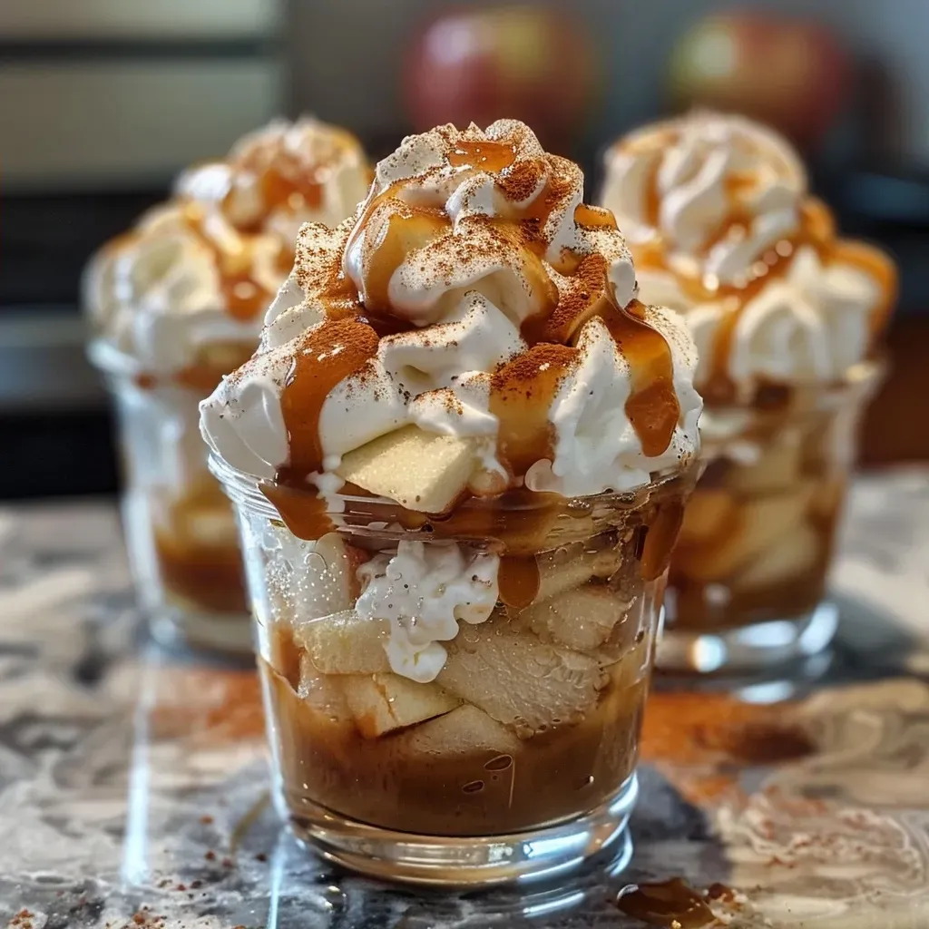 ['Close-up view of caramel apple dessert cups filled with whipped cream and chopped apples.', 'Side view of delicious caramel apple dessert cups topped with caramel sauce and cinnamon.', 'Cozy dessert cups showcasing a layer of chopped apples and caramel sauce, topped with whipped cream.', 'Indulgent caramel apple cups displaying a mixture of apples and whipped cream with caramel drizzle.']