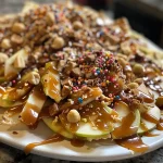 ['Close-up of caramel apple nachos topped with chocolate and peanuts.', 'Side view of a colorful plate of caramel apple nachos drizzled with toppings.', 'Juicy apple slices layered with caramel sauce and sprinkles on a plate.', 'A vibrant display of nachos featuring apples, caramel, and various toppings.']