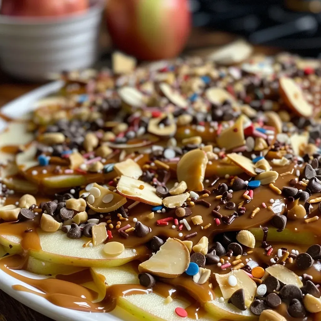 ['Close-up of caramel apple nachos topped with chocolate and peanuts.', 'Side view of a colorful plate of caramel apple nachos drizzled with toppings.', 'Juicy apple slices layered with caramel sauce and sprinkles on a plate.', 'A vibrant display of nachos featuring apples, caramel, and various toppings.']