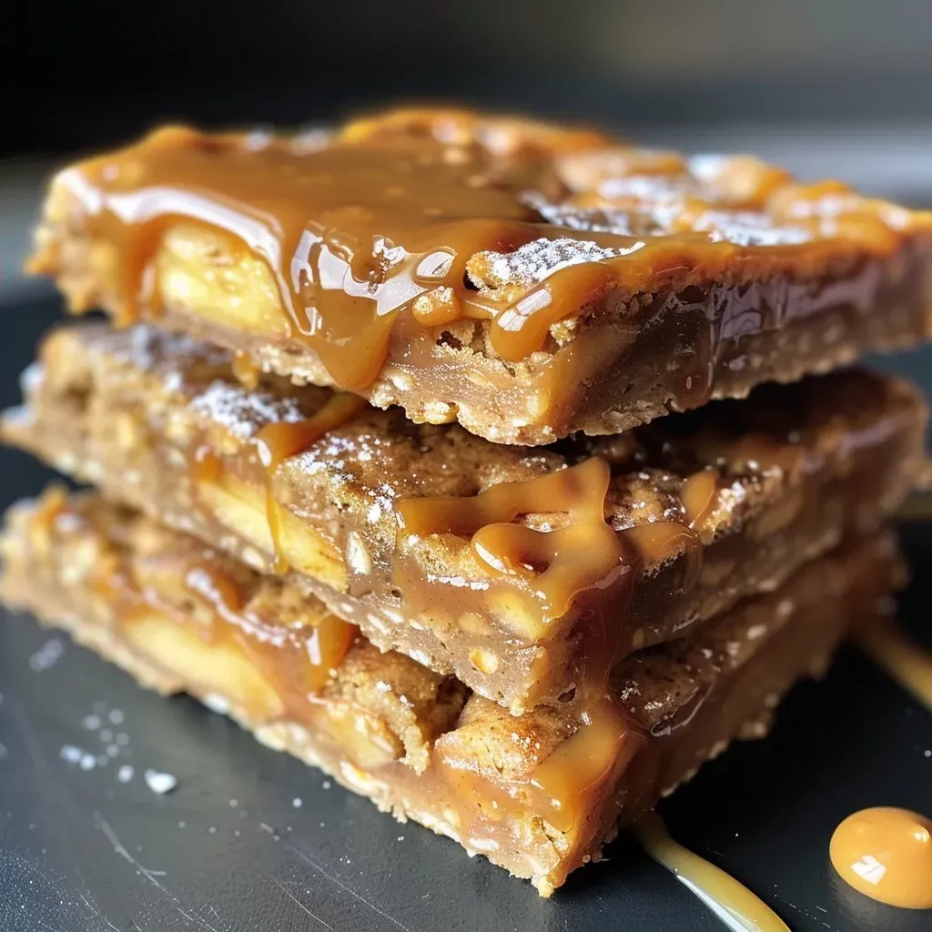 ['Close-up view of a caramel apple protein bar topped with white chocolate chips.', 'Side view of a delicious caramel apple protein bar with chopped apples visible.', 'Juicy caramel apple protein bar featuring a smooth almond butter layer.', 'Protein bar with a flecked surface of cinnamon and white chocolate chips.']