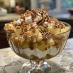 ['Close-up of a caramel apple trifle featuring layers of diced apples, caramel, and whipped cream.', 'Side view of a decadent caramel apple trifle with visible layers of cake, apples, and nuts.', 'Detailed shot of a caramel apple trifle showcasing apples, caramel drizzle, and whipped cream topping.', 'Layered caramel apple trifle in a glass dish, highlighting apples, spices, and creamy textures.']