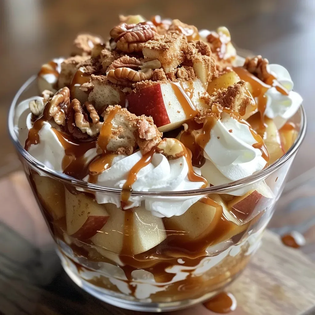 ['Close-up of a caramel apple trifle featuring layers of diced apples, caramel, and whipped cream.', 'Side view of a decadent caramel apple trifle with visible layers of cake, apples, and nuts.', 'Detailed shot of a caramel apple trifle showcasing apples, caramel drizzle, and whipped cream topping.', 'Layered caramel apple trifle in a glass dish, highlighting apples, spices, and creamy textures.']