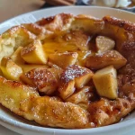 ['Close-up view of a caramelised apple and cinnamon Dutch baby pancake on a plate, garnished with ice cream.', 'Side view of a fluffy Dutch baby topped with caramelized apples and cinnamon, served with maple syrup.', 'Display of a golden-brown Dutch baby, featuring juicy apple wedges, with a scoop of vanilla ice cream on top.', 'Rustic presentation of a caramelised apple Dutch baby, showcasing its fluffy texture and sweet apple topping.']