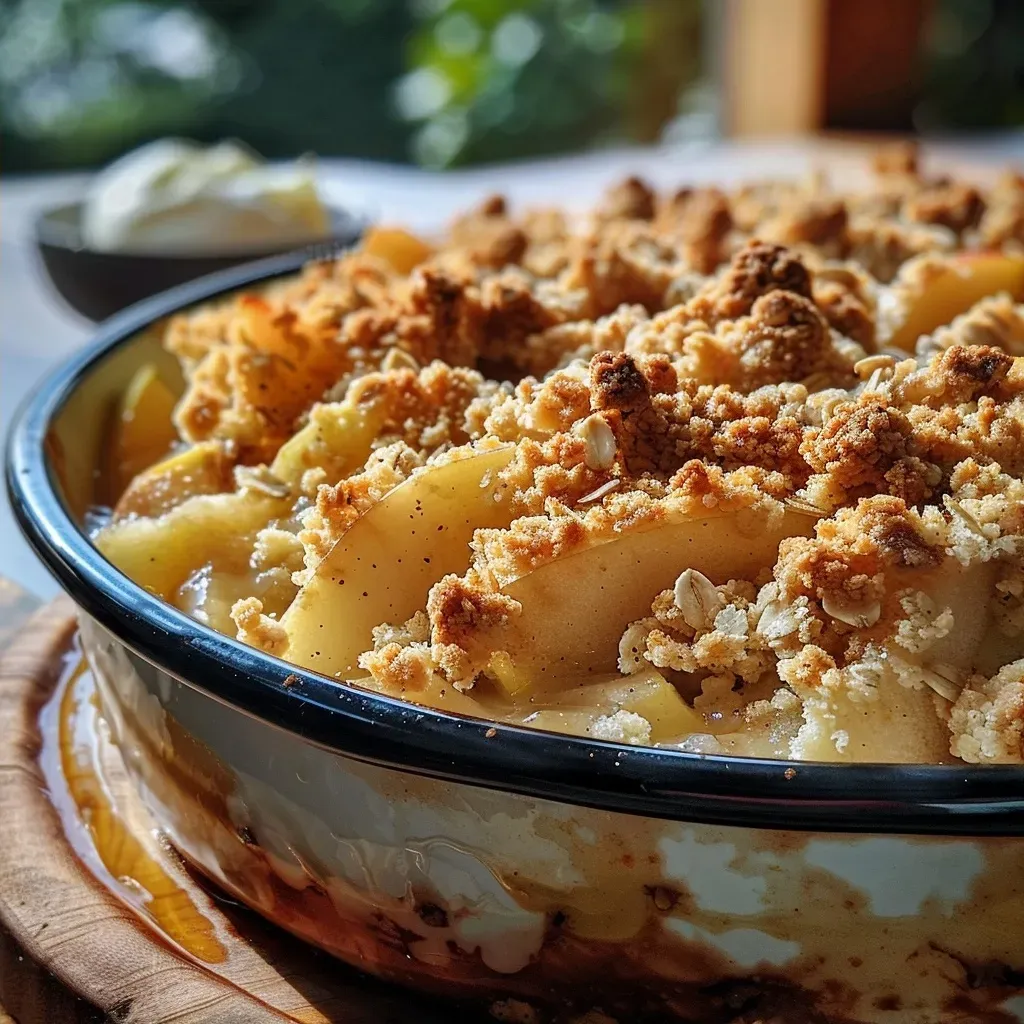 ['Close-up view of a Cardamom and Fennel Seed Browned Butter Apple Crumble topped with caramelized white chocolate.', 'Side view of a freshly baked apple crumble showcasing golden-brown crust and chunks of caramelized white chocolate.', 'Juicy apple crumble in a serving dish, garnished with white chocolate pieces and a sprinkle of spices.', 'Detailed shot capturing the layers of apple filling and crumb topping in a delicious apple crumble dessert.']