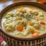 ['A close-up photo of creamy cauliflower soup in a bowl with a sprinkle of cheese on top.', 'Side view of a bowl of cauliflower soup, showcasing its smooth texture and garnishes.', 'Delicious cauliflower soup in a white bowl, adorned with shredded cheese and herbs.', 'Rich, velvety cauliflower soup captured from the side, highlighting its inviting color and creamy consistency.']