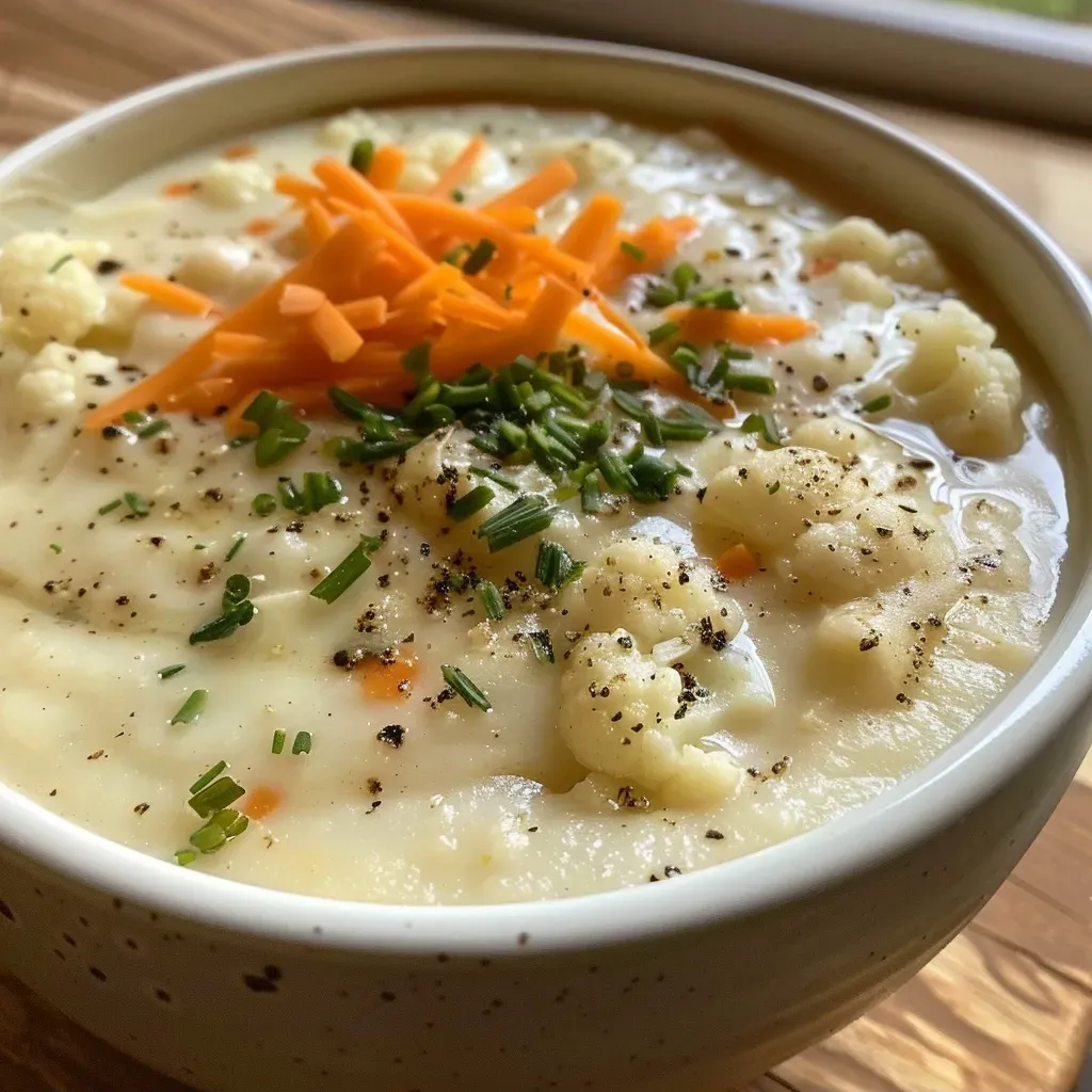 ['A close-up photo of creamy cauliflower soup in a bowl with a sprinkle of cheese on top.', 'Side view of a bowl of cauliflower soup, showcasing its smooth texture and garnishes.', 'Delicious cauliflower soup in a white bowl, adorned with shredded cheese and herbs.', 'Rich, velvety cauliflower soup captured from the side, highlighting its inviting color and creamy consistency.']