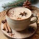['Close-up view of a creamy Chai Spice Hot Chocolate topped with coconut cream and spices.', 'Side view of a warm Chai Spice Hot Chocolate in a textured cup, garnished with spices.', 'Delicious Chai Spice Hot Chocolate in a glass mug, showcasing its creamy texture and spices.', 'A rich Chai Spice Hot Chocolate surrounded by ingredients, highlighting its vibrant colors.']