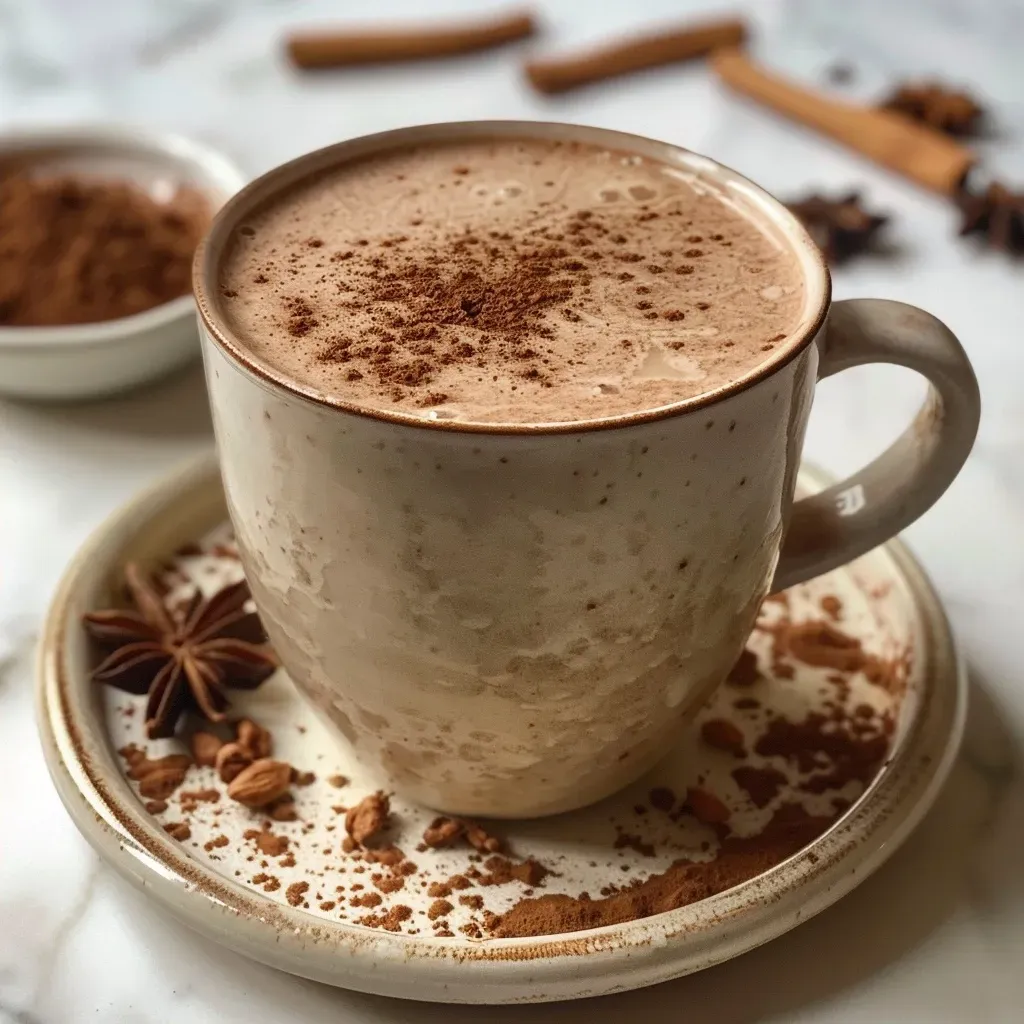 ['Close-up view of a creamy Chai Spice Hot Chocolate topped with coconut cream and spices.', 'Side view of a warm Chai Spice Hot Chocolate in a textured cup, garnished with spices.', 'Delicious Chai Spice Hot Chocolate in a glass mug, showcasing its creamy texture and spices.', 'A rich Chai Spice Hot Chocolate surrounded by ingredients, highlighting its vibrant colors.']