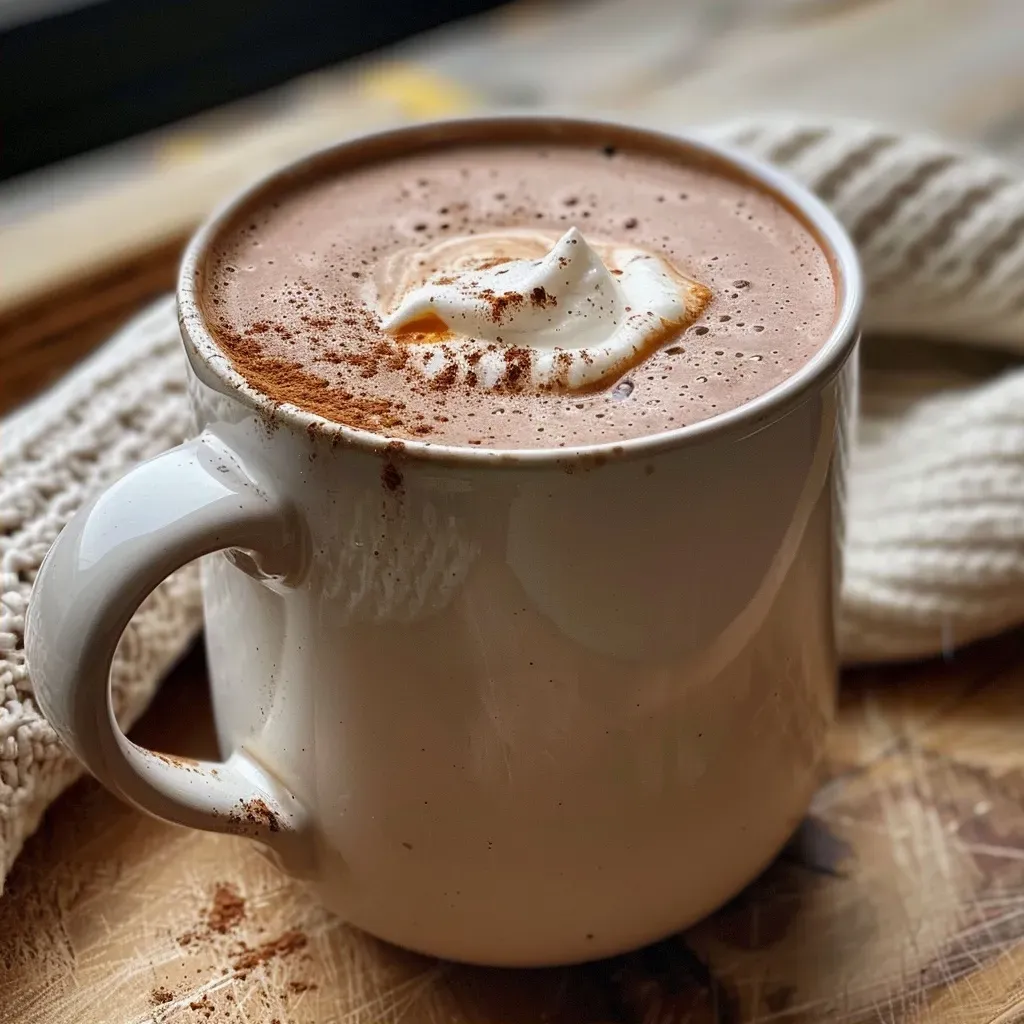['A close-up side view of a rich, creamy Chai-Spiced Hot Chocolate in a rustic mug.', 'A luscious Chai-Spiced Hot Chocolate topped with coconut whipped cream and marshmallows.', 'A vibrant cup of Chai-Spiced Hot Chocolate, showcasing the frothy texture and spices.', 'A side view of Chai-Spiced Hot Chocolate, highlighting its creamy consistency and aromatic toppings.']