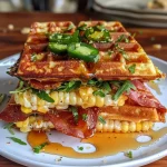 ['Close-up of a Cheddar Cornbread Waffle BLT stacked with crispy bacon, fresh tomatoes, arugula, and slices of avocado.', 'Side view of a Cheddar Cornbread Waffle BLT layered with juicy bacon and colorful vegetables, topped with chipotle butter.', 'Delicious Cheddar Cornbread Waffle BLT featuring crispy bacon, ripe tomatoes, arugula, and creamy avocado, all garnished with chipotle butter.', 'Cheddar Cornbread Waffle BLT showcasing vibrant ingredients, including bacon, tomatoes, and fresh greens, drizzled with chipotle butter.']