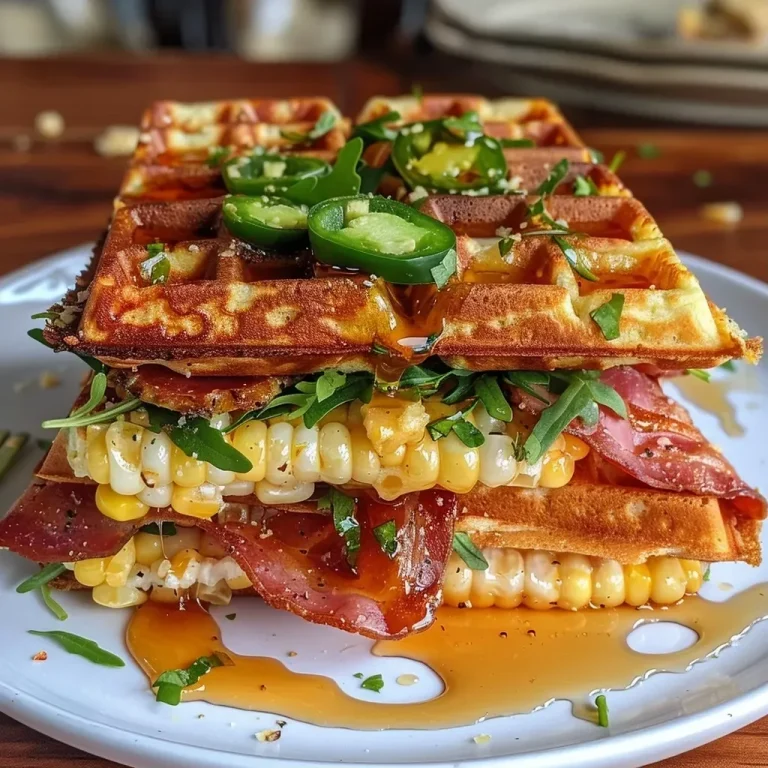 ['Close-up of a Cheddar Cornbread Waffle BLT stacked with crispy bacon, fresh tomatoes, arugula, and slices of avocado.', 'Side view of a Cheddar Cornbread Waffle BLT layered with juicy bacon and colorful vegetables, topped with chipotle butter.', 'Delicious Cheddar Cornbread Waffle BLT featuring crispy bacon, ripe tomatoes, arugula, and creamy avocado, all garnished with chipotle butter.', 'Cheddar Cornbread Waffle BLT showcasing vibrant ingredients, including bacon, tomatoes, and fresh greens, drizzled with chipotle butter.']