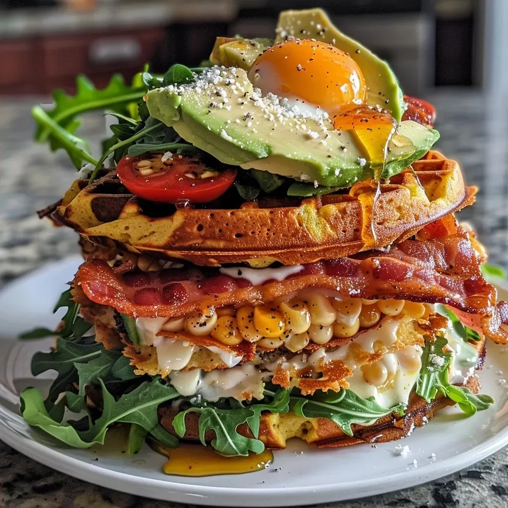 ['Close-up of a Cheddar Cornbread Waffle BLT stacked with crispy bacon, fresh tomatoes, arugula, and slices of avocado.', 'Side view of a Cheddar Cornbread Waffle BLT layered with juicy bacon and colorful vegetables, topped with chipotle butter.', 'Delicious Cheddar Cornbread Waffle BLT featuring crispy bacon, ripe tomatoes, arugula, and creamy avocado, all garnished with chipotle butter.', 'Cheddar Cornbread Waffle BLT showcasing vibrant ingredients, including bacon, tomatoes, and fresh greens, drizzled with chipotle butter.']