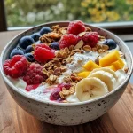 ['Close-up view of a cheesecake yogurt bowl filled with fruit and granola.', 'Side view of a vibrant cheesecake yogurt bowl topped with frozen berries and nuts.', 'Detailed shot of a creamy cheesecake yogurt bowl with colorful ingredients.', 'Rich cheesecake yogurt bowl displaying layers of fruit and toppings.']