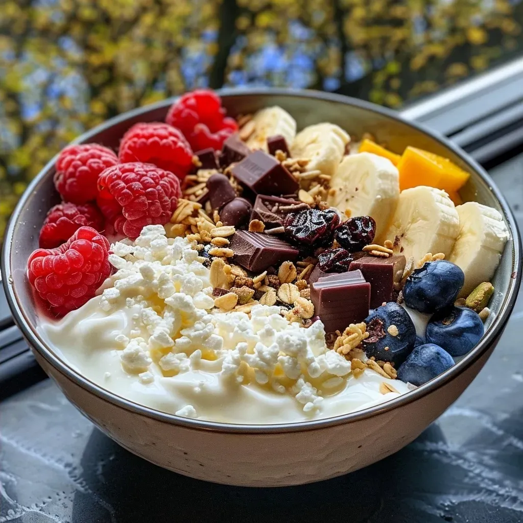 ['Close-up view of a cheesecake yogurt bowl filled with fruit and granola.', 'Side view of a vibrant cheesecake yogurt bowl topped with frozen berries and nuts.', 'Detailed shot of a creamy cheesecake yogurt bowl with colorful ingredients.', 'Rich cheesecake yogurt bowl displaying layers of fruit and toppings.']