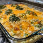['Close-up of a cheesy chicken broccoli casserole with a golden-brown crust.', 'Side view of a creamy casserole filled with chicken and broccoli, topped with crushed crackers.', 'Juicy, layered chicken broccoli casserole in a baking dish, showcasing melted cheese.', 'Freshly baked cheesy chicken broccoli casserole with a crunchy topping and vibrant broccoli.']