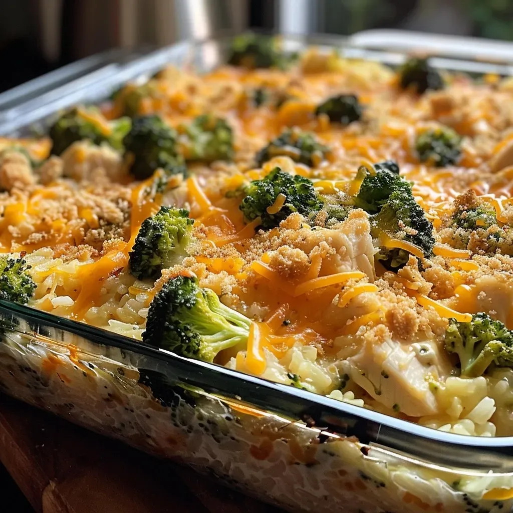 ['Close-up of a cheesy chicken broccoli casserole with a golden-brown crust.', 'Side view of a creamy casserole filled with chicken and broccoli, topped with crushed crackers.', 'Juicy, layered chicken broccoli casserole in a baking dish, showcasing melted cheese.', 'Freshly baked cheesy chicken broccoli casserole with a crunchy topping and vibrant broccoli.']