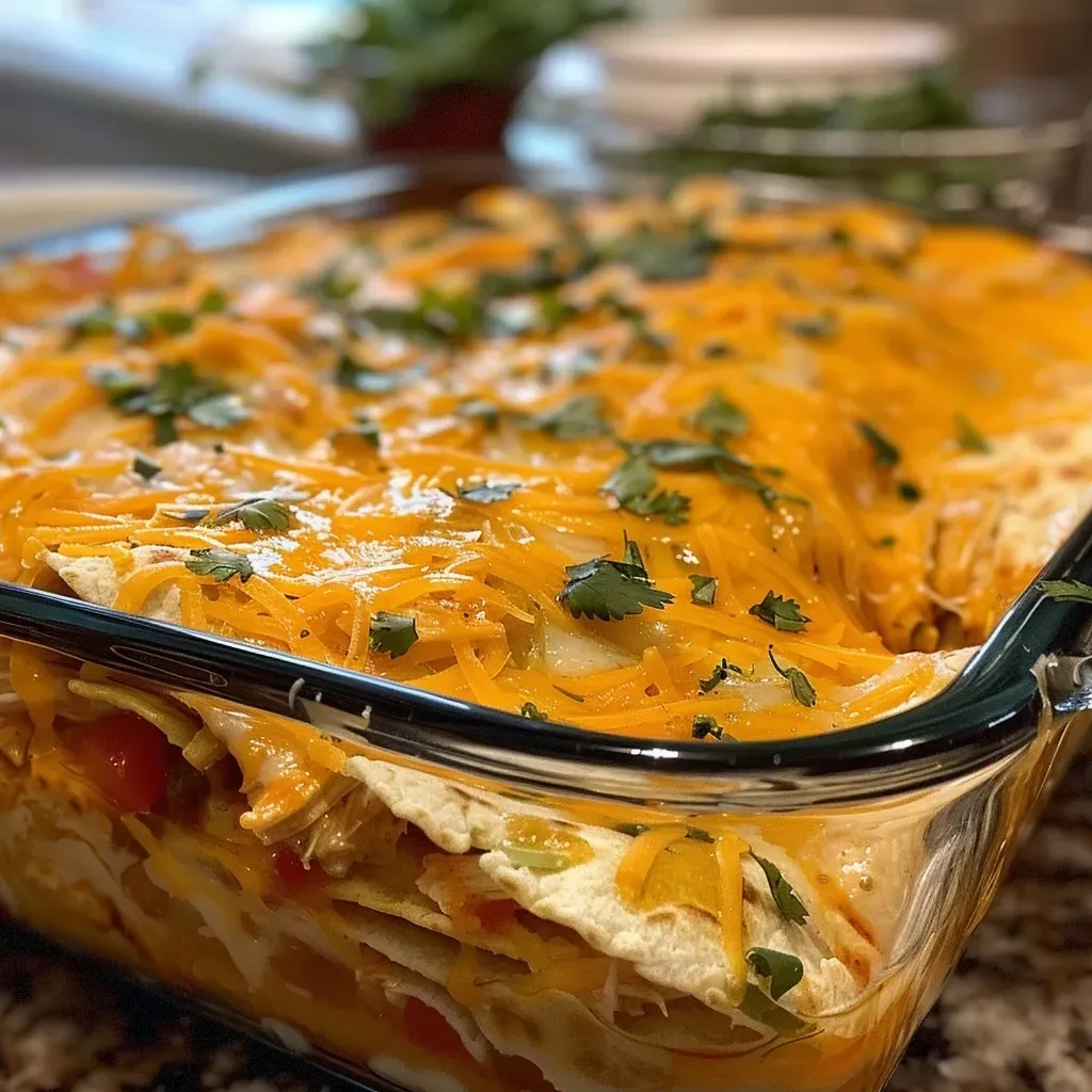 ['Close-up view of a cheesy chicken tortilla bake with melted cheese and chicken pieces.', 'Side perspective of a cheesy chicken tortilla bake showcasing layers of tortillas and toppings.', 'Succulent cheesy chicken tortilla bake displayed with vibrant salsa and cilantro garnish.', 'Mouthwatering cheesy chicken tortilla bake with bubbling cheese and cooked chicken visible.']