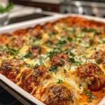 ['Close-up of juicy Cheesy Keto Meatball Casserole with melted cheese.', 'Side view of a hearty Cheesy Keto Meatball Casserole topped with mozzarella.', 'Deliciously baked Cheesy Keto Meatball Casserole with herbs and cheese.', 'Sliced portion of Cheesy Keto Meatball Casserole showcasing meatballs and sauce.']