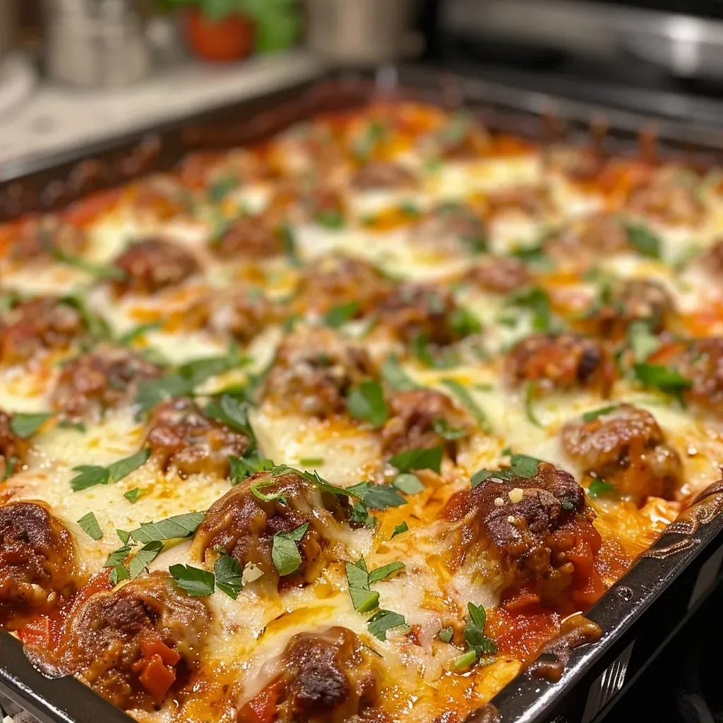 ['Close-up of juicy Cheesy Keto Meatball Casserole with melted cheese.', 'Side view of a hearty Cheesy Keto Meatball Casserole topped with mozzarella.', 'Deliciously baked Cheesy Keto Meatball Casserole with herbs and cheese.', 'Sliced portion of Cheesy Keto Meatball Casserole showcasing meatballs and sauce.']