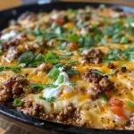 ['Close-up view of a cheesy low-carb taco bake topped with green onions.', 'Juicy taco bake with melted cheese and diced tomatoes, served in a dish.', 'Side view of a layered cheesy taco bake, highlighting ground beef and cheese.', 'Delicious taco bake featuring creamy layers and colorful toppings.']