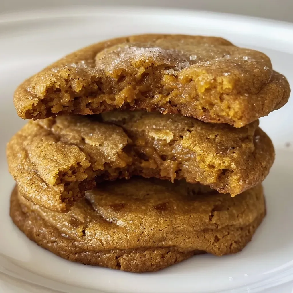 ['Close-up of chewy pumpkin cookies with a golden-brown exterior and a soft, textured surface.', 'Side view of freshly baked pumpkin cookies, showcasing their chewy texture and warm orange hue.', 'Juicy pumpkin cookies arranged on a plate, highlighting their inviting softness and rich color.', 'A detailed view of delicious chewy pumpkin cookies, emphasizing their warm, inviting appearance.']