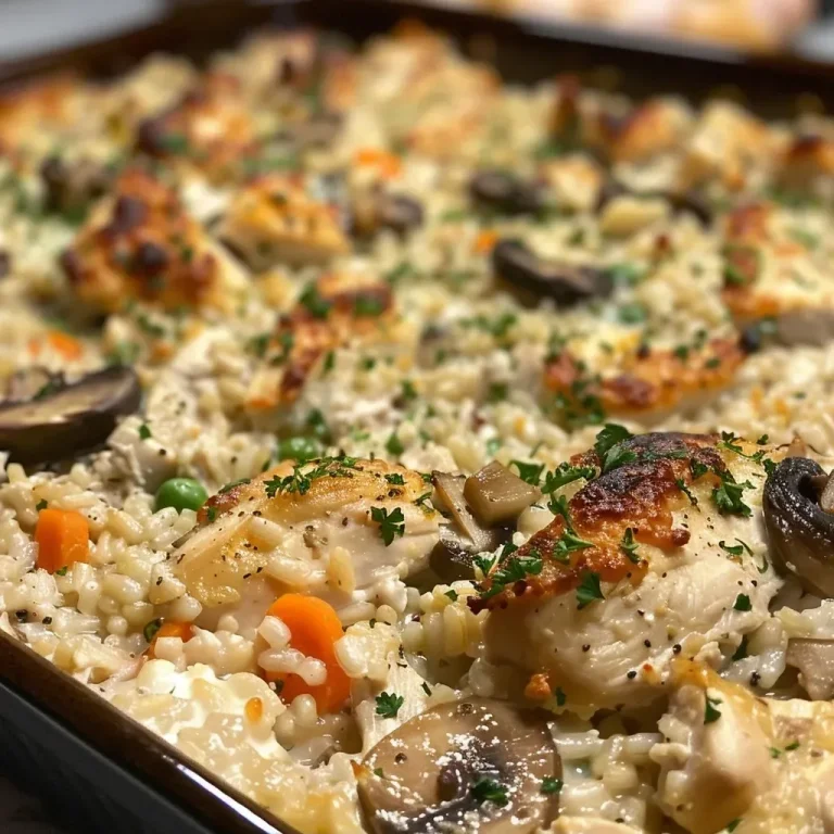 ['Close-up view of a juicy Chicken and Rice Casserole with melted cheese on top.', 'Side angle of a creamy Chicken and Rice Casserole with visible vegetables and herbs.', 'Delicious Chicken and Rice Casserole displayed in a baking dish, showing layers of ingredients.', 'Rich and savory Chicken and Rice Casserole with bubbling cheese and colorful peas and carrots.']