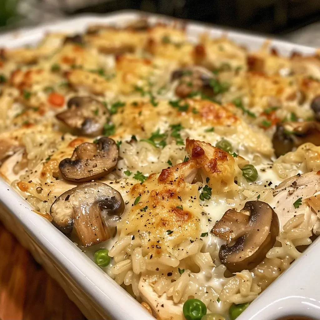 ['Close-up view of a juicy Chicken and Rice Casserole with melted cheese on top.', 'Side angle of a creamy Chicken and Rice Casserole with visible vegetables and herbs.', 'Delicious Chicken and Rice Casserole displayed in a baking dish, showing layers of ingredients.', 'Rich and savory Chicken and Rice Casserole with bubbling cheese and colorful peas and carrots.']
