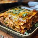['Close-up view of a Chicken Enchilada Casserole, showcasing layers of tortillas, chicken, beans, and cheese.', 'Side angle of a Chicken Enchilada Casserole, highlighting the colorful ingredients and melted cheese on top.', 'Juicy Chicken Enchilada Casserole in a dish, with visible layers of tortillas, chicken, and toppings.', 'Detailed image of a Chicken Enchilada Casserole, featuring shredded chicken, black beans, and fresh cilantro garnish.']