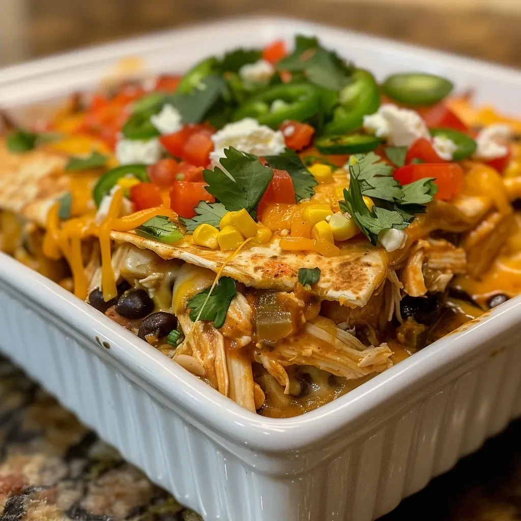 ['Close-up view of a Chicken Enchilada Casserole, showcasing layers of tortillas, chicken, beans, and cheese.', 'Side angle of a Chicken Enchilada Casserole, highlighting the colorful ingredients and melted cheese on top.', 'Juicy Chicken Enchilada Casserole in a dish, with visible layers of tortillas, chicken, and toppings.', 'Detailed image of a Chicken Enchilada Casserole, featuring shredded chicken, black beans, and fresh cilantro garnish.']