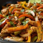 ['Close-up of juicy chicken fajitas in a crockpot with vibrant bell peppers and onions.', 'Side view of a crockpot filled with colorful chicken fajitas and fresh ingredients.', 'Delicious chicken fajitas simmering in a crockpot, showcasing sliced peppers and spices.', 'Appetizing chicken fajita dish in a slow cooker, featuring bright vegetables and tender chicken.']