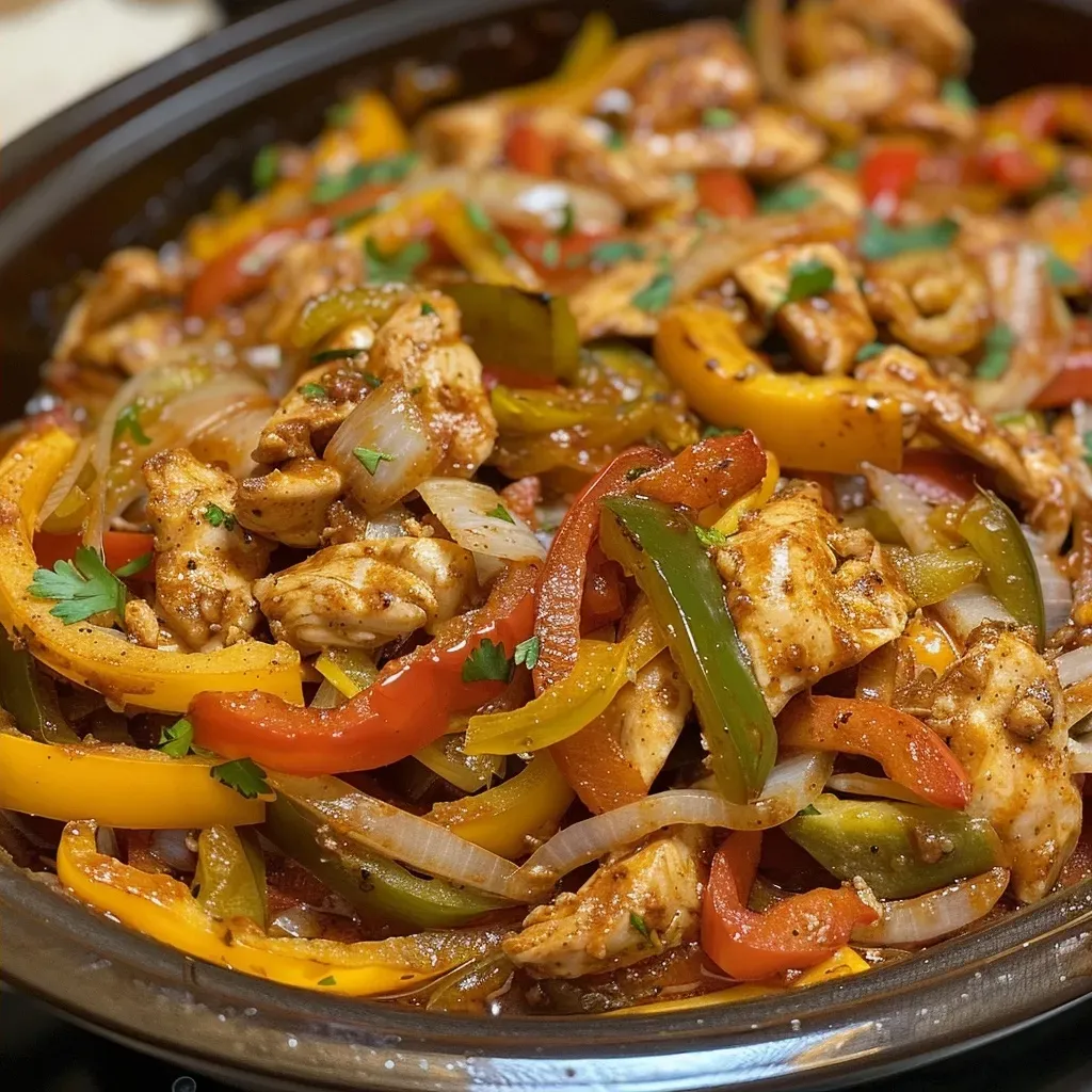 ['Close-up of juicy chicken fajitas in a crockpot with vibrant bell peppers and onions.', 'Side view of a crockpot filled with colorful chicken fajitas and fresh ingredients.', 'Delicious chicken fajitas simmering in a crockpot, showcasing sliced peppers and spices.', 'Appetizing chicken fajita dish in a slow cooker, featuring bright vegetables and tender chicken.']