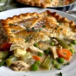 ['A close-up side view of a golden-brown chicken pot pie with a flaky crust and visible filling.', 'A beautifully baked chicken pot pie displaying a crispy crust and steam escaping from the filling.', 'A savory chicken pot pie slice revealing chunks of chicken, vegetables, and creamy sauce inside.', 'A side view of a delicious chicken pot pie with a textured crust and colorful filling of vegetables.']