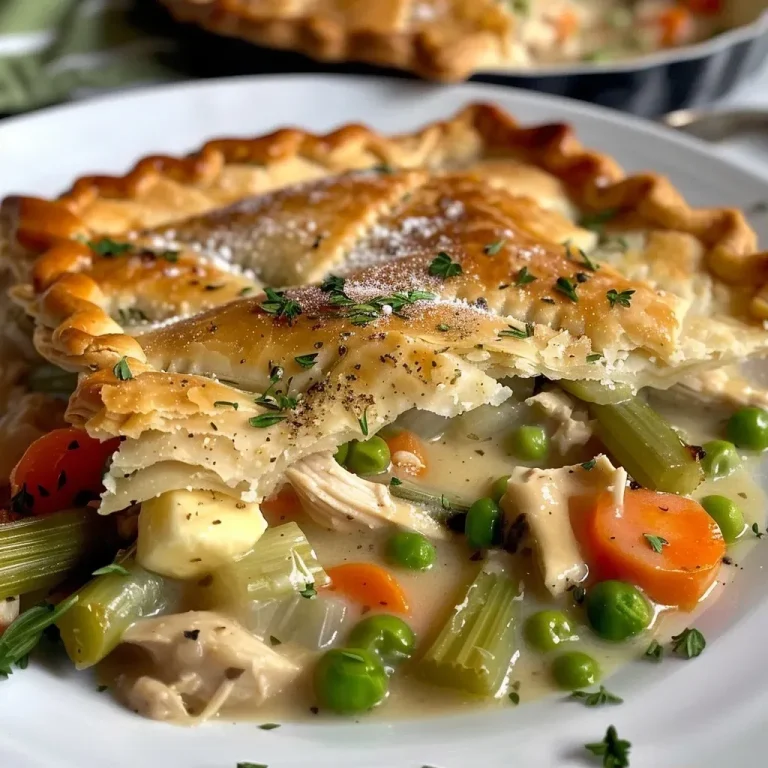 ['A close-up side view of a golden-brown chicken pot pie with a flaky crust and visible filling.', 'A beautifully baked chicken pot pie displaying a crispy crust and steam escaping from the filling.', 'A savory chicken pot pie slice revealing chunks of chicken, vegetables, and creamy sauce inside.', 'A side view of a delicious chicken pot pie with a textured crust and colorful filling of vegetables.']