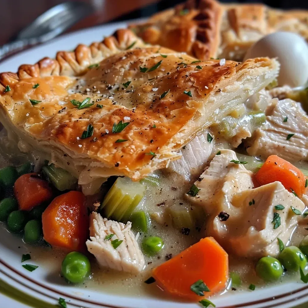 ['A close-up side view of a golden-brown chicken pot pie with a flaky crust and visible filling.', 'A beautifully baked chicken pot pie displaying a crispy crust and steam escaping from the filling.', 'A savory chicken pot pie slice revealing chunks of chicken, vegetables, and creamy sauce inside.', 'A side view of a delicious chicken pot pie with a textured crust and colorful filling of vegetables.']
