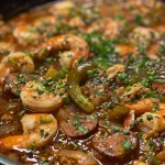 ['Close-up view of Chicken, Sausage, and Shrimp Gumbo in a bowl.', 'Side view of a hearty bowl of Chicken, Sausage, and Shrimp Gumbo with visible ingredients.', 'Juicy Chicken, Sausage, and Shrimp Gumbo served in a ceramic bowl.', 'Detailed shot of a delicious gumbo featuring shrimp, sausage, and chicken.']