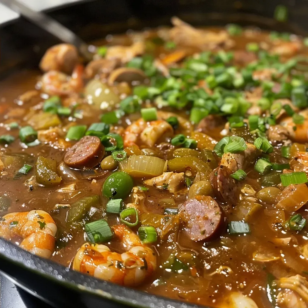 ['Close-up view of Chicken, Sausage, and Shrimp Gumbo in a bowl.', 'Side view of a hearty bowl of Chicken, Sausage, and Shrimp Gumbo with visible ingredients.', 'Juicy Chicken, Sausage, and Shrimp Gumbo served in a ceramic bowl.', 'Detailed shot of a delicious gumbo featuring shrimp, sausage, and chicken.']