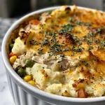 ["Close-up view of a slice of Chicken Shepherd's Pie showcasing golden mashed potatoes on top.", "Side view of a hearty Chicken Shepherd's Pie with visible layers of chicken and vegetables.", "Juicy Chicken Shepherd's Pie with a creamy filling and fluffy mashed potato topping.", "A delicious slice of Chicken Shepherd's Pie displayed with a fork beside it."]