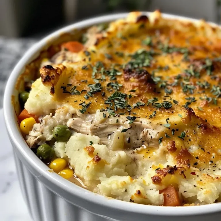 ["Close-up view of a slice of Chicken Shepherd's Pie showcasing golden mashed potatoes on top.", "Side view of a hearty Chicken Shepherd's Pie with visible layers of chicken and vegetables.", "Juicy Chicken Shepherd's Pie with a creamy filling and fluffy mashed potato topping.", "A delicious slice of Chicken Shepherd's Pie displayed with a fork beside it."]