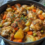 ['Close-up side view of a steaming bowl of chicken stew with colorful vegetables.', 'Delicious chicken stew in a bowl, showcasing tender chicken and fresh herbs.', 'Rich chicken stew featuring carrots, potatoes, and spices, captured from a side angle.', 'A hearty bowl of chicken stew, highlighting vibrant ingredients and texture.']