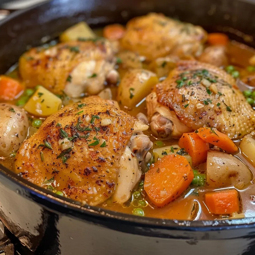 ['Close-up side view of a steaming bowl of chicken stew with colorful vegetables.', 'Delicious chicken stew in a bowl, showcasing tender chicken and fresh herbs.', 'Rich chicken stew featuring carrots, potatoes, and spices, captured from a side angle.', 'A hearty bowl of chicken stew, highlighting vibrant ingredients and texture.']
