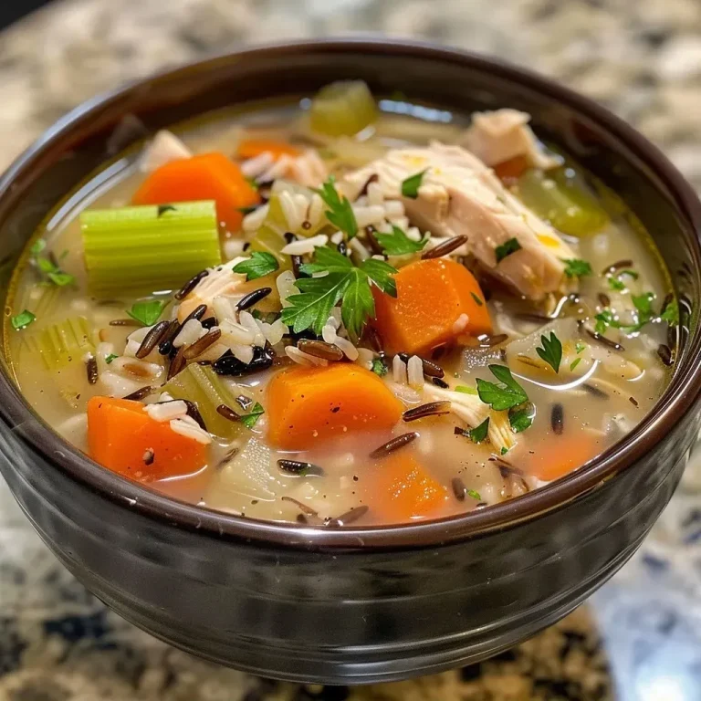 ['Close-up view of a bowl of Chicken Wild Rice Soup with colorful vegetables and chunks of chicken.', 'Side view of creamy Chicken Wild Rice Soup with wild rice, chicken pieces, and fresh herbs.', 'Mouthwatering Chicken Wild Rice Soup in a bowl, showcasing carrots, celery, and a rich broth.', 'Delicious Chicken Wild Rice Soup featuring wild rice, shredded chicken, and garnished with parsley.']