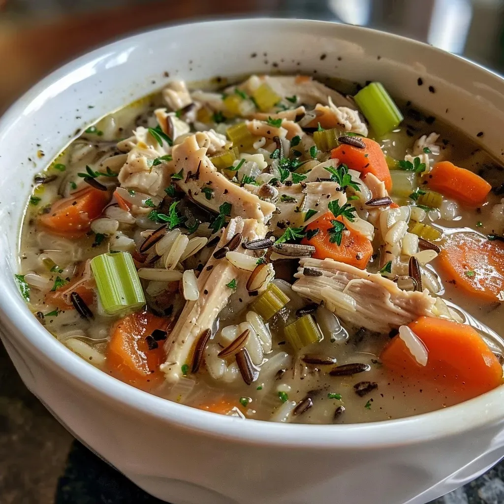 ['Close-up view of a bowl of Chicken Wild Rice Soup with colorful vegetables and chunks of chicken.', 'Side view of creamy Chicken Wild Rice Soup with wild rice, chicken pieces, and fresh herbs.', 'Mouthwatering Chicken Wild Rice Soup in a bowl, showcasing carrots, celery, and a rich broth.', 'Delicious Chicken Wild Rice Soup featuring wild rice, shredded chicken, and garnished with parsley.']