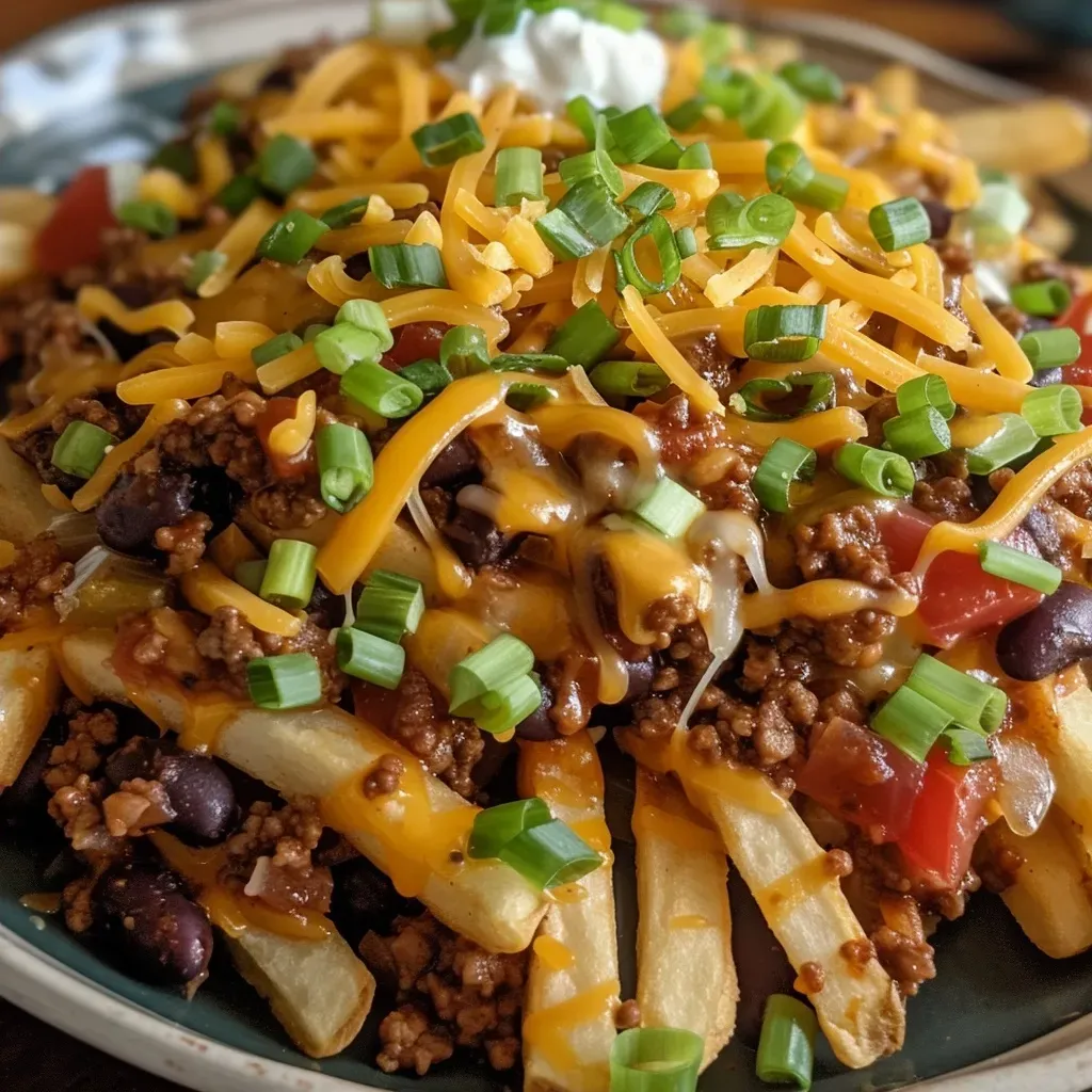['Close-up view of delicious chili cheese fries topped with melted cheese and savory chili.', 'Side angle of golden crispy fries covered in chili and cheese, highlighting the toppings.', 'Juicy chili cheese fries with a rich, meaty chili and gooey cheese bursting with flavor.', 'Colorful presentation of chili cheese fries, showcasing the texture of fries, cheese, and chili.']